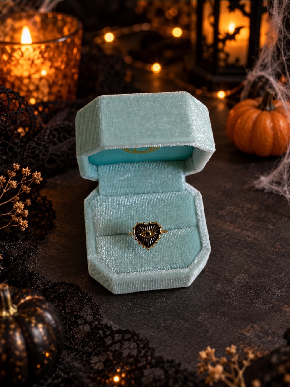 Gold Tone Black Heart Evil Eye Adjustable Ring